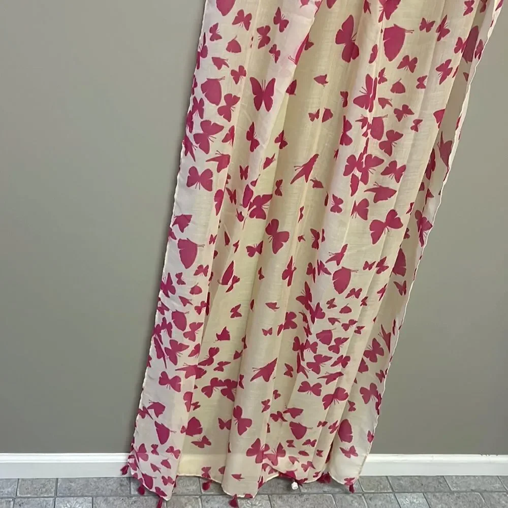 Cream and Fuschia/Magenta Butterfly Scarf with Tassels- OS (approx- 72” by 42”)